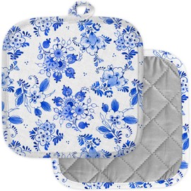 [Pack of 2] Pot Holders for Kitchen, Washable Heat Resistant Pot Holders, Hot Pads, Trivet for Cooking and Baking (Delft Blue Style Watercolour)