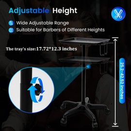 Salon Tray Cart,Adjustable Height Salon Tray with Wheels and Tool Holder,Hairdresser Cart,Rolling Aluminum Tray Cart,Hair Salon Service Trolley,Black