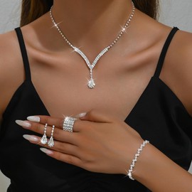 Silver Jewelry for Women Choker Necklace Wedding Jewelry Set for Bride Crystal Necklace Earrings Bracelet Set Bridesmaid Prom Bridal Jewelry Set for Women