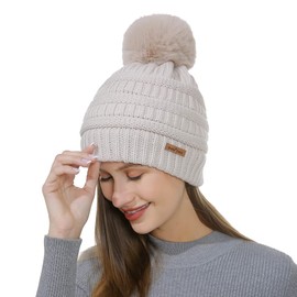 Belle Dame Winter Pom Pom Beanie Hat for Women Knit Hat Faux Fur Hat Fleece Lined Toque (HT506-BGE)