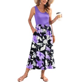 WNEEDU Women's Summer Maxi Dress 2025 Casual Sleeveless Hawaiian Sundress Tropical Long Dress Beach Vacation Outfit,Violet Purple Flower,L