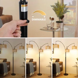 Airposta Black Arc Floor Lamps for Living Room, Farmhouse Boho Floor Lamp for Bedroom, Industrial Standing Lamp for Office, Dimmable Tall Lamp with Rattan Lampshades, Reading Arched Light