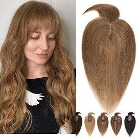 SLEEKALON Hair Toppers for Women Real Human Hair 150% Density Silk Base Brown Hair Topper Top Hair Piece for Women with Thinning Hair Clip in Hair Topper with Bangs Hair Extension(14 Inch,06#)