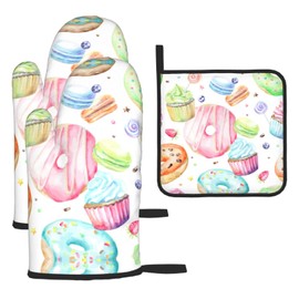 Cupcakes Donuts Muffins Sugar Print Heat Resistant BBQ Gloves Oven Mitts and Pot Holders Set for Kitchen Baking Set