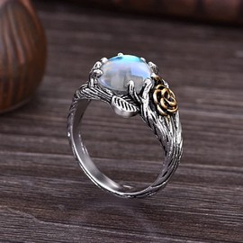 Hsitgexf Unique Vintage Flowering Twig Rainbow Moonstone Engagement Ring for Women,Victorian Style Solitaire Ring Thai Silver Jewelry (US Size 6)