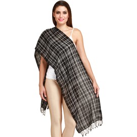 Exotic India Jet Black Cashmere Scarf from Nepal with Woven Checks – Black