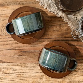 LUKA 6 Ounce Porcelain Stackable Espresso Cups with Saucers and Metal Stand Set of 4, Ceramic Cappuccino Cups Set for Specialty Coffee Drinks, Latte, Cafe Mocha and Tea, Reactive Dark Green