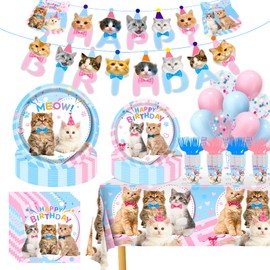 146Pcs Cat Birthday Party Supplies-Serves 24, Cat Party Decorations Kitten Disposable Tableware with Cat Party Plates Cups Napkins Tablecloth Balloons for Kitten Birthday Party Decorations Supplies