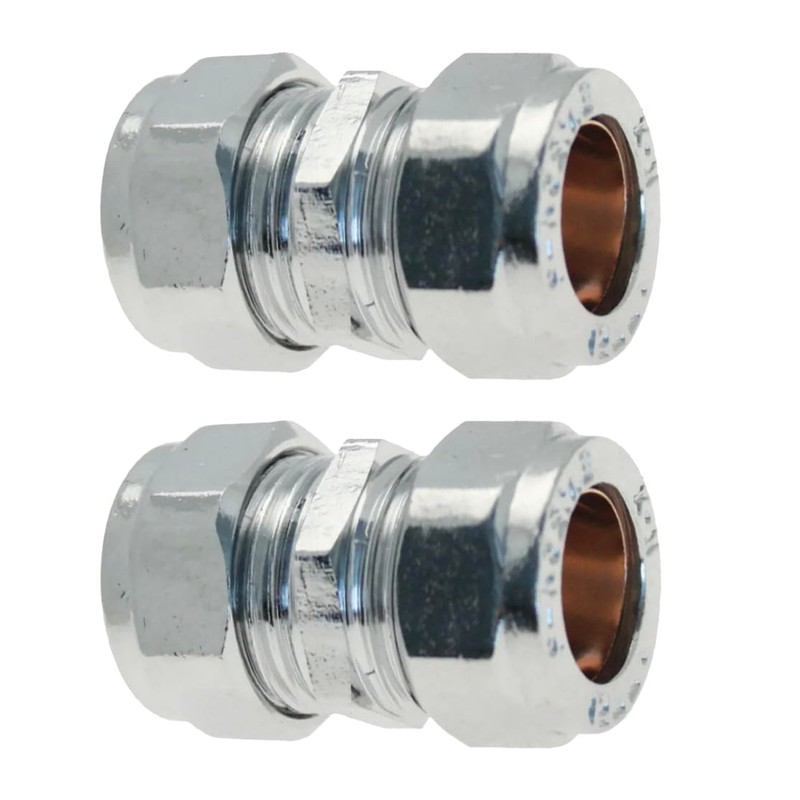 WRAS 15mm Chrome Plated Compression Straight Connectors 2 Pack BS