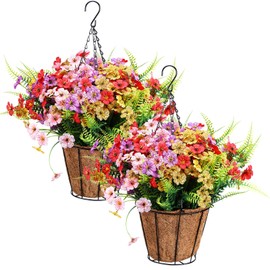 Giegxin 2 Pack Artificial Flower Hanging Baskets for Spring Outdoors UV Resistant Faux Hanging Plants Flowers for Outdoors Garden Spring Decor for Patio Porch (Mixed Color)
