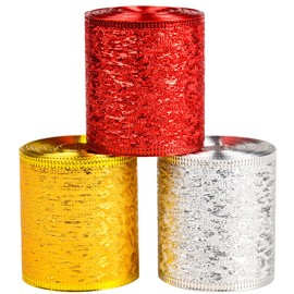 Lezevn 3 Rolls 2.5inch Christmas Ribbon Metallic Wired Edge Ribbon Glitter Sparking Shiny Ribbons Roll Red Gold Silver Christmas Tree Wreath Ribbon Bow Crafts Ribbon