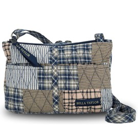 Bella Taylor Essentials Crossbody Purse with Built In Wallet, Quilted Cotton Farmhouse Blue and Tan Patchwork