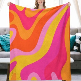 Retro 70S Pink and Orange Swirls Flannel Fleece Throw Blankets 50"X40" Lightweight Fluffy Winter Fall Blanket Cozy Soft Fuzzy Plush Home Decor for Couch Bed Sofa Bedroom Living Room Travel