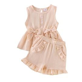 Aenbilo Toddler Summer Clothes Girls 5t Baby Outfits Cute Bow Sleeveless Top and Ruffle Shorts 2pc Set Beige 4-5 Years Old