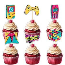 Glitter Cupcake Topper for Back 80s Game Theme Party Favors Decorations Men Women Kids Happy Birthday Party Decor Supplies set 18pcs