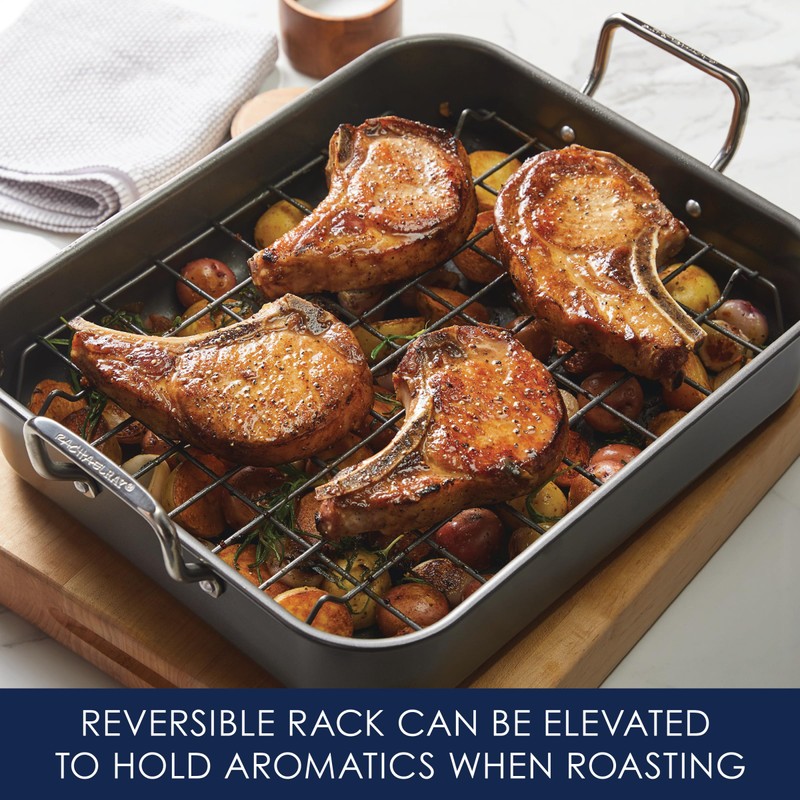 Rachael Ray Bakeware Nonstick Roaster/Roasting Pan with Reversible Rack, 16.5
