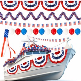 Foilswirl 57 Pcs Patriotic Boat Parades Decoration American Pleated Fan Flag USA Windsock Mini Pennant Flag Banner Red White Blue Garlands Balloons for Memorial Day 4th of July Independence Day Decor