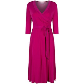 Bon Rosy Women's #MadeInUSA Wedding Baby Bridal Shower 3/4 Sleeve V-Neck Printed Knee Length Midi Faux Wrap Floral Dress Casual Party Resort Summer Spring Nursing 3zSiQN Church Hot Pink M