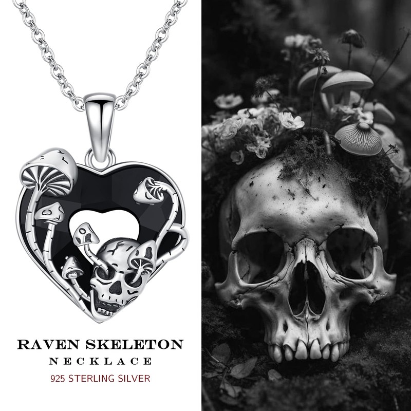 Skull Mushroom Necklace 925 Sterling Silver Gothic Punk Jewelry for