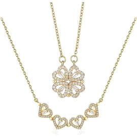 Collar trebol 4 cuatro hojas para mujer hojas de corazon chapado en oro 18K dama elegante dije colgante convertible magnético baño de oro con zirconias cúbicas regalo novia esposa mama cumpleaños