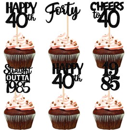 12Pcs Happy 40th Birthday Cupcake Toppers - Glitter 'Forty' & 'Straight Outta 1985' Picks for Cheers to 40 Years Party Decorations, Black