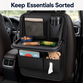 Foldable Leather Car Seat Back Organizer With Table for Rear-Seat Storage and Travel