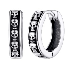 Silvora Gothic Earrings for Man Woman 10mm Punk Skull Hinged Huggie Hoop Earring Solid Silver Ear Jewelry