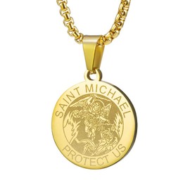 Wolentty Saint Michael Necklace - 1" Stainless Steel Round Religious St. Michael Medal Pendant Hanging with 24" Chain (Gold-plated)
