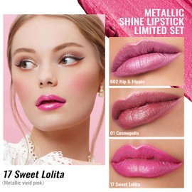 Oulac Pink Metallic Shine Lipstick Set - Lip Set for Women, Rose Lip Color Kit, Creamy Formula, Full Coverage, Hydrating & Smooth, Infused with Shea Butter, Vegan, Clean Beauty B602(602+D01+D17)