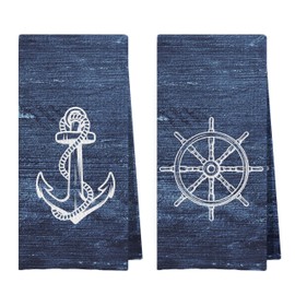Geqtt Navy Nautical Dish Towels Set - Nautical Hand Towels for Bathroom, Nautical Kitchen Tea Towels, Coastal Bathroom Decor, Ocean Themed Navy Blue Hand Towels (16x24 Set of 2)