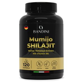 Bandini® Mumijo Shilajit 120 capsules, 1000 mg per daily dose, the pure original from the Himalayas, rich in 85 minerals, with 80% fulvic acid and vitamin B6, over 85 trace elements, vegan
