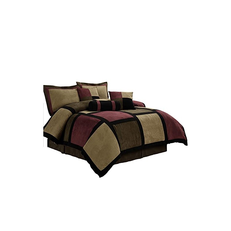 Chezmoi Collection 7-Piece Burgundy Brown Black Micro Suede Patchwork Comforter