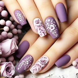 Purple Rose Press on Nails 24Pcs Rose Red Spring Flower Stick on Nails Medium Coffin Acrylic Full Cover False Nails Glossy White Leaves Fake Nails Flowers Gel Glue on Nails for Coquette Women Girls