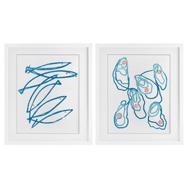 Stupell Industries Minimal Fish & Oysters 2 Piece White Framed Print Under Glass Set design by Lil' Rue, 21 x 17