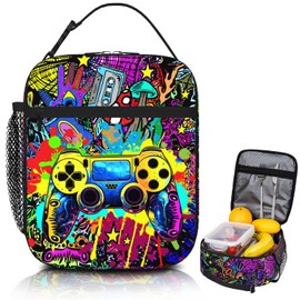 Dszemie Gamer Lunch Box for Boys, Reusable Video Game Lunch Bag for Kids Insulated Lunchbox, Portable Waterproof Leakproof Gaming Lunch Tote Bag, for School Travel Picnic Hiking Beach