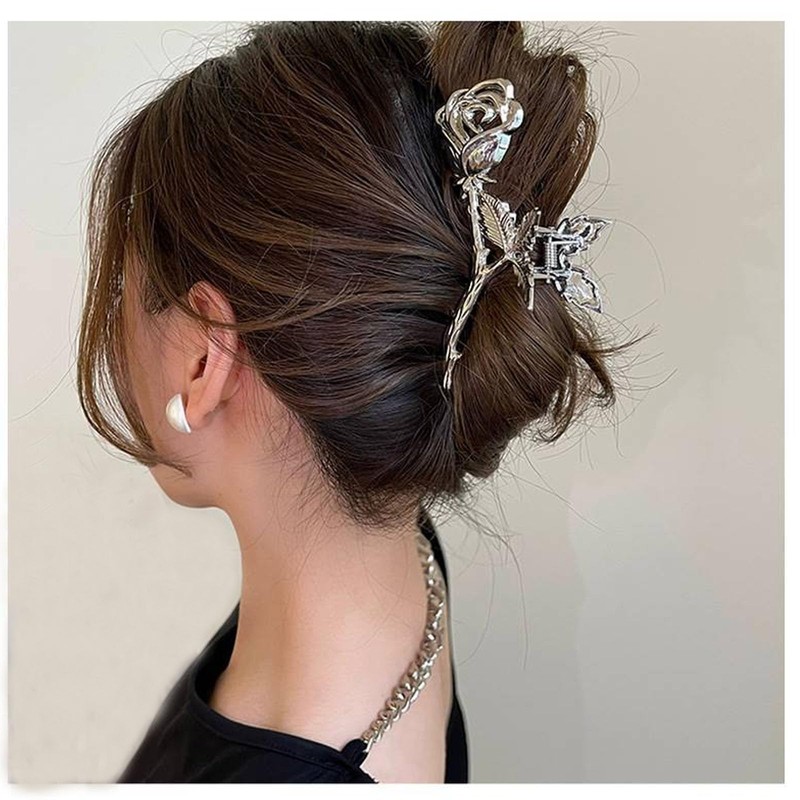 Silver Rose Metal Hair Claw Clips Vintage Leaf