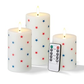 Velsyn Flameless LED Candles, 3 Patriotic Americana Pillar Candles, Timer, Remote Ready, Stars Design for July 4th Memorial Day