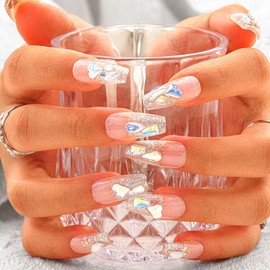 Sethexy Rhinestone Handmade Fake Nail Glitter Cat Eye Long Coffin Press on Nails 3D Bow Crystals False Nail Salon Durable Quality Nails for Women and Girls (R)