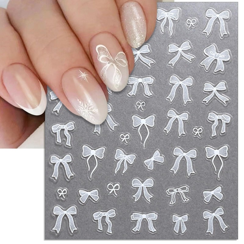 IDDFEVE Bow Nail Art Stickers - White Pink Bow Self-Adhesive