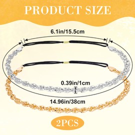 Winsyison 2pcs Rhinestone Chain Headpiece for Women, Sparkly Elastic Twisted Crystal Headbands, Vintage 70s Diamond Headpiece Head Jewelry Hair Accessories for Wedding Prom- Gold & Silver