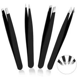 Sangpum Sangse Seolmyeong Chamjo 얼굴 털 제거 및 파편 여행용 키트용 4피스 스테인레스 스틸 핀셋 세트 4-Piece Stainless Steel Tweezers Set for Facial Hair Removal and Travel Kit [4Pcs silvery]