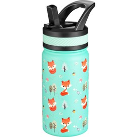 Fanhaw 14 Oz Kids Insulated Water Bottle with Straw - Stainless Steel Double Wall Vacuum Cup, Leakproof, BPA Free, Suitable for Boys and Girls(Green - Little Fox)