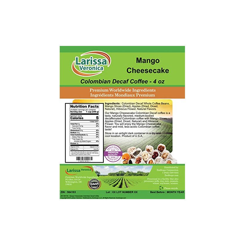 Mango Cheesecake Colombian Decaf Coffee (Gourmet, Naturally Flavored, Whole Coffee