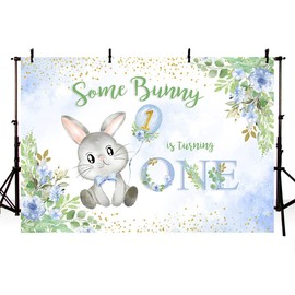 MEHOFOND Bunny Boy One Birthday Party Backdrop Spring Easter Blue Floral Rabbit Sliver Some Bunny is Turning One Happy 1st Birthday Photography Background Easter Bunny Banner 7x5ft