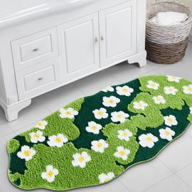Ouyattle Cute Green Floral Bathroom Runner Rugs Extra Long Bath Mat 24''W x 60''L Non Slip Washable, Modern Chic Boho Aesthetic Trendy Funky Moss Throw Runner Rugs for Kitchen Bedroom Entryway