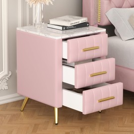 Merax Nightstand with 3 Storage Drawers, Upholstered Wood Bedside End Table with Marbling Top, Pink