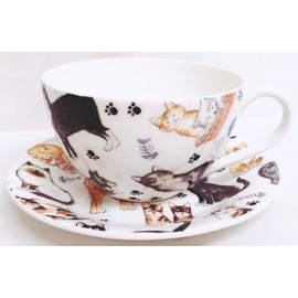 Cats Breakfast Cup & Saucer Set Fine Bone China Cute Collage Cats Hand Decorated in UK