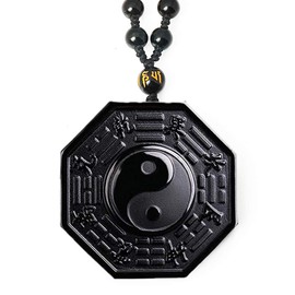Natural Obsidian Yin Yang Necklace Black Gemstone Eight Diagrams Amulet Protection Pendant with Adjustable Bead Chain Chinese Feng Shui Ying Yang Necklaces Jewelry for Men Women