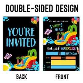 LyoGao Waterslide Birthday Party Invitations Summer Backyard Water Slide Bash Pool Party Fill in Invites Cards With Envelopes (20 Pack)