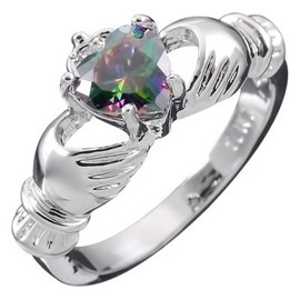 GWG Jewellery 925 Sterling Silver Claddagh Love Ring with Rainbow Topaz Heart Stone, Hands, and Crown – 7 in Gift Box for Women